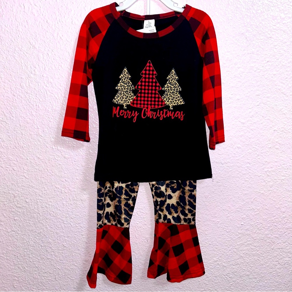 NEW Baby Ball Buffalo Plaid and Leopard Christmas Bell Bottoms outfit